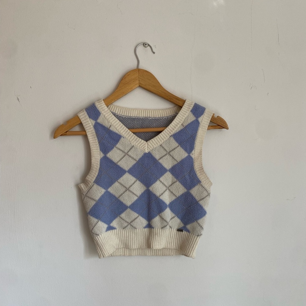 Blue and Cream Argyle Knit Vest